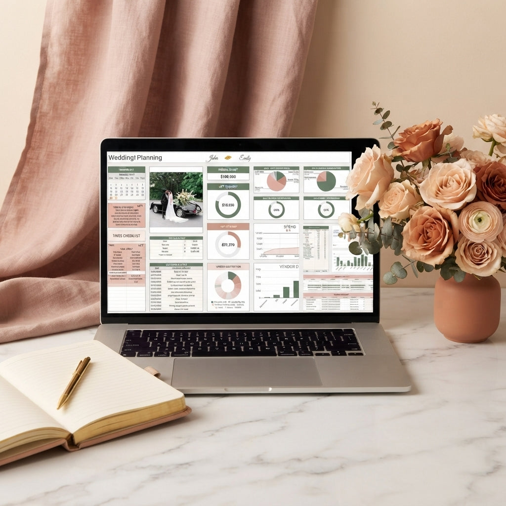 A laptop showing a wedding planner dashboard on a desk with a notebook, pen, and roses in a warm, elegant room.