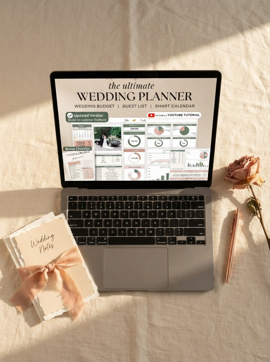 A premium flat-lay of a laptop showing a detailed wedding planning spreadsheet surrounded by blush silk ribbon and floral acc