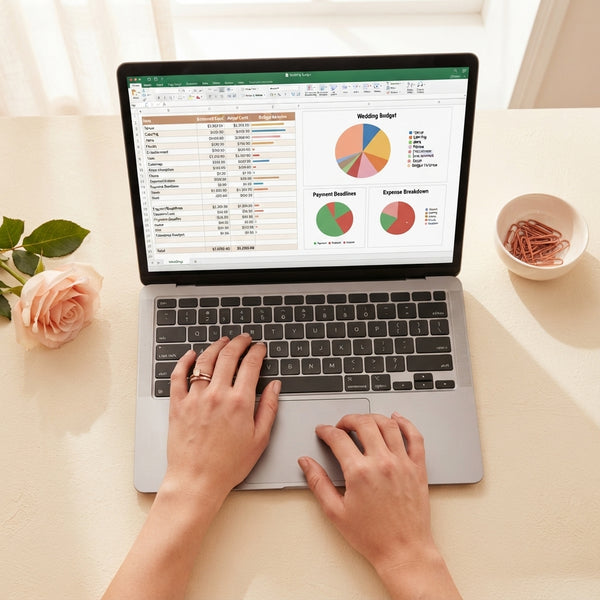 A bride's hands working on a laptop displaying a digital budget spreadsheet on a styled desk with a rose and office supplies.